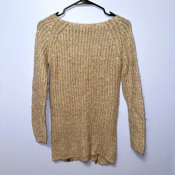 Women's Chunky Knit Sweater Medium Beige Gold Zipper Scoop Neck Long Sleeve Top - Picture 3 of 4